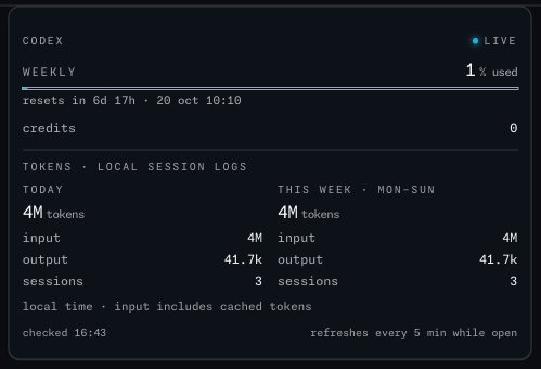 The Codex usage widget in the Wishbar panel