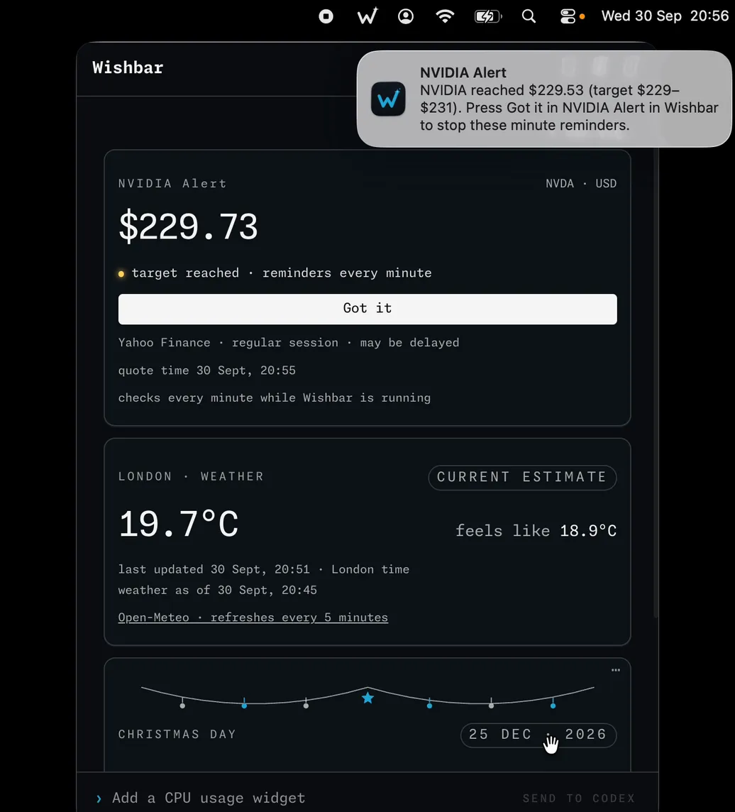 The Wishbar panel with three widgets: an NVIDIA share price with a Got it button, London weather, and a Christmas countdown. A macOS alert says NVIDIA reached $229.53.