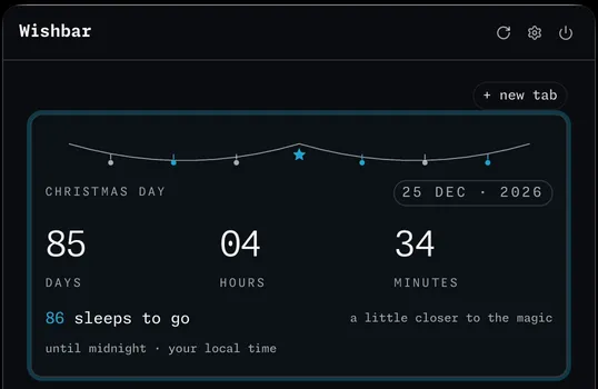 The new Christmas countdown widget in Wishbar, outlined: 85 days, 4 hours and 34 minutes, 86 sleeps to go