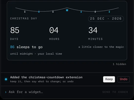 The new Christmas countdown widget in Wishbar, 85 days, 4 hours and 34 minutes, 86 sleeps to go, with Keep and Undo buttons under it and the empty box that says Ask for a widget at the bottom