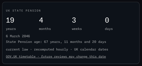 The Days to your State Pension widget in the Wishbar panel